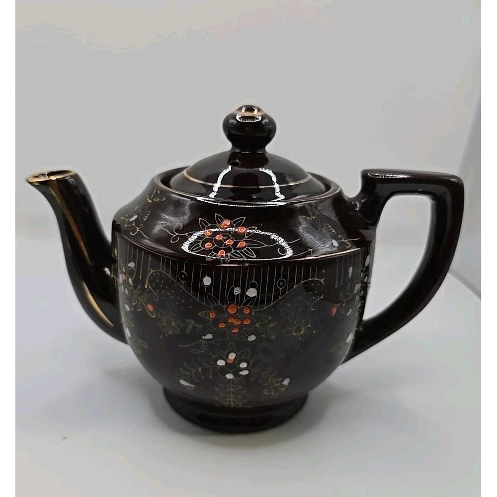 VTG gold trim HAND PAINTED Dark Brown TEA POT teapot MADE IN JAPAN 1960s vintage